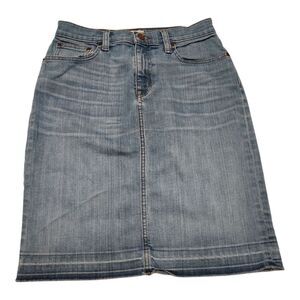 J. Crew Knee Length Skirt Sz 25 Denim Medium Wash Frayed Raw Hem‎ Grunge Stylish